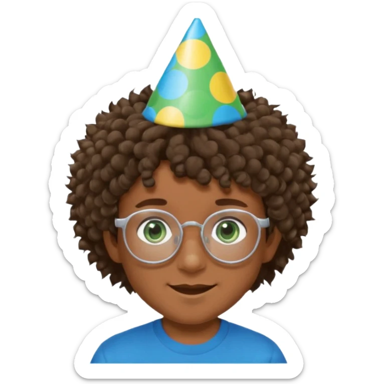 A boy with curly brown hair and green eyes with a happy face, and wear square glasses.He’s also got a full silver birthday party hat on his head with blue pom poms on top of it, and his T-shirt is all black, he wears a little gold circle earrings on his left  sticker