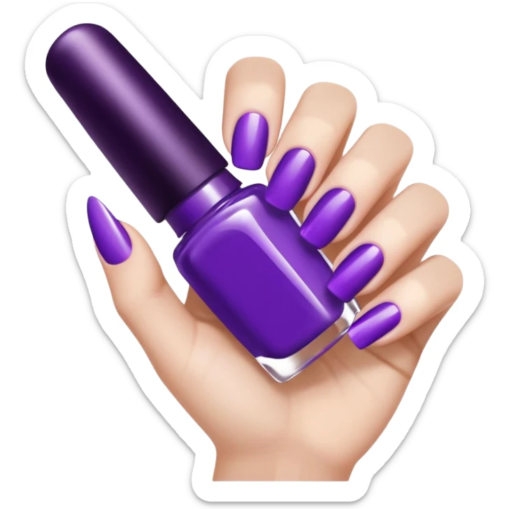 A close-up illustration of a hand with long, glossy purple-painted nails. A nail polish brush is shown applying purple polish to one of the nails, with smooth, clean strokes. The style is bright, polished, and emoji-like, emphasizing nail care, beauty, and manicure aesthetics. sticker