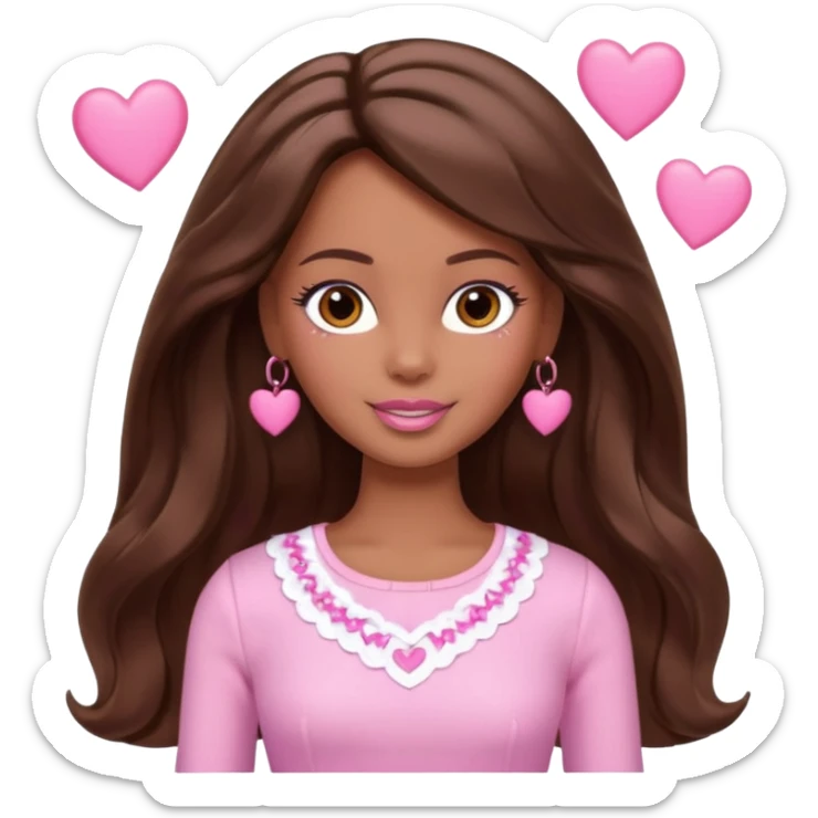 Barbie girl and  makeup , brown long straight wavy hair and brown eyes is In pale pink clothes There are pink hearts all around sticker