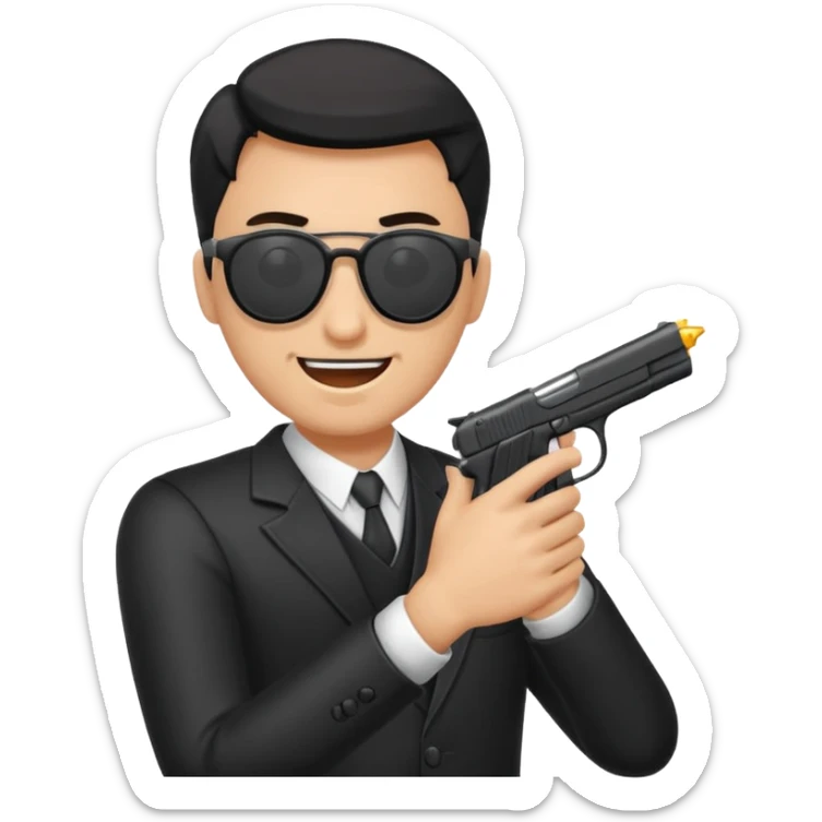 Quiero un emoji con lentes negros con una pistola automática en la mano riéndose y pasandose la pistola por la cara sticker
