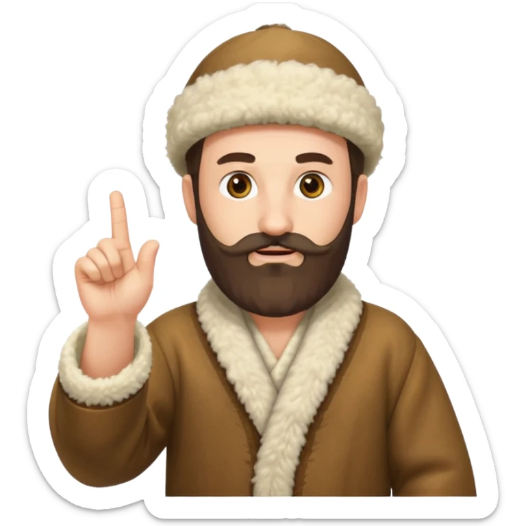 Create an emoji-style illustration of a Caucasian man from the Caucasus region, wearing a traditional woolen papakha hat and a robe made of sheepskin. He has a thick beard and is pointing one finger upward. The style should be simple and expressive, like an emoji. sticker