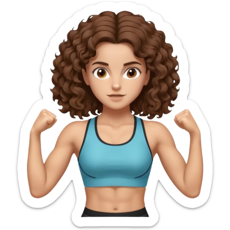 full body, very beautiful italian girl, looking like Emma Watson, with curly and big volume very bright brown hair, workout clothes, flexing muscles

 sticker