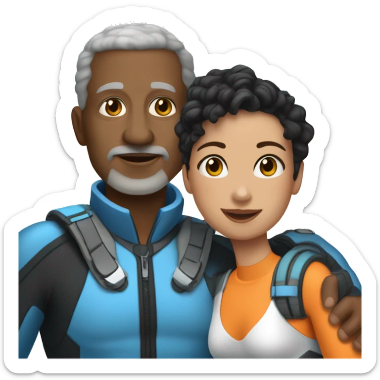 40 year old woman with light brown skin and short curly black hair, holding the hand of a 50 year old white man with short gray hair, both people dressed in snorkel gear sticker