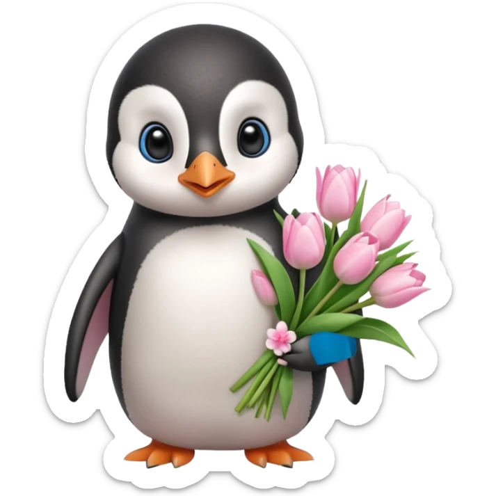 Cute baby penguin holding flower bouquet wraped in white paper and all flowers tulips in pink colour sticker