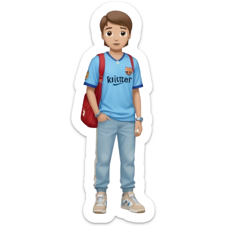 Junge mit braunen Haaren und Seitenscheitel, mit einer hellblauen Jeans baggyhose , einem beigen Trikot  vom fc Barcelona , coole Pose , Jordan 4 in beige an seinen Füßen , silberne dünne Kette um Hals  sticker