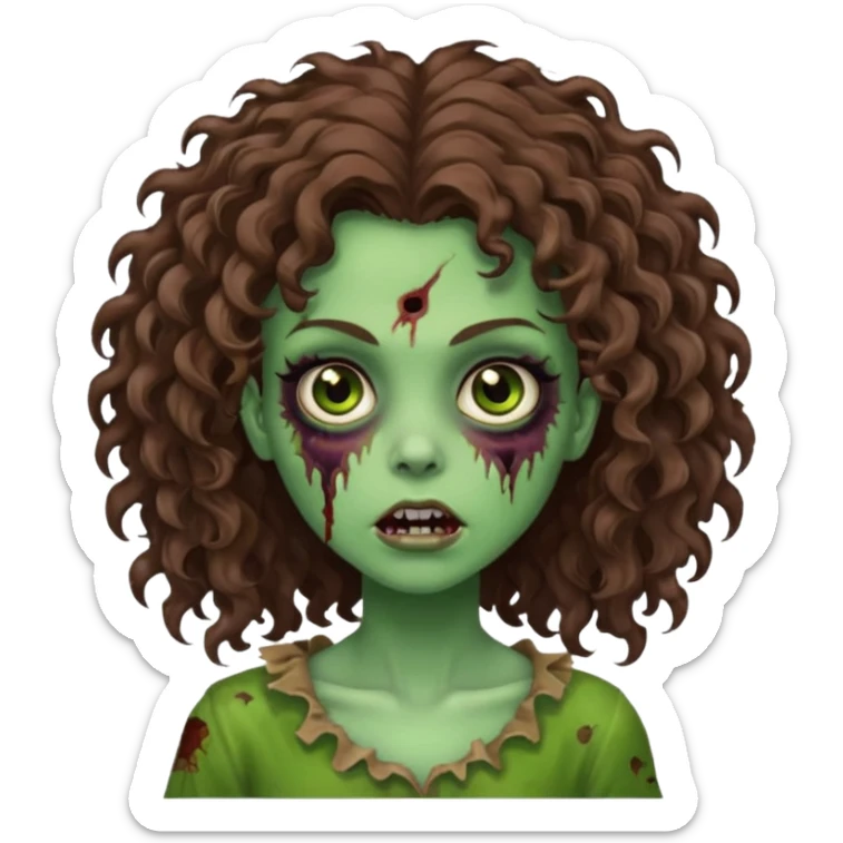 Faça uma garota zombie de cabelo cacheado castanho, olhos castanhos escuro e pele verde d zombie, com o cabelo grande sticker