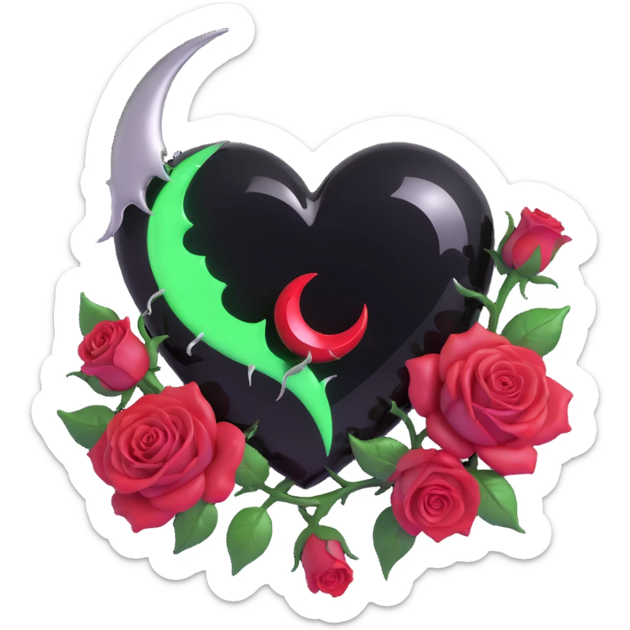 gothic heart made of jet black glass, silver crescent moon, blood red roses, holographic stardust, neon green lightning, wet and cracked glass sticker