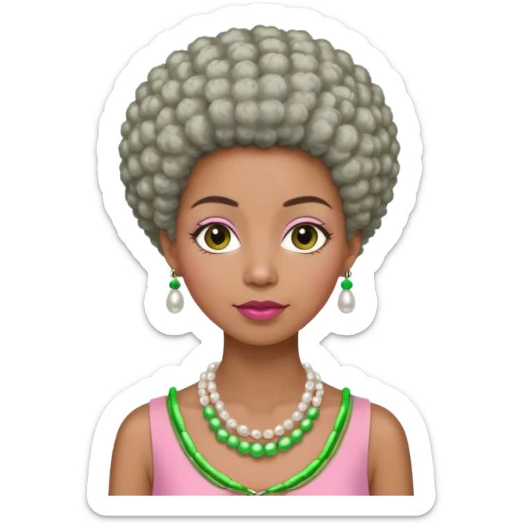 Brown woman with very short stylish gray Afro  wearing pink and green dress  and pearl necklace  sticker