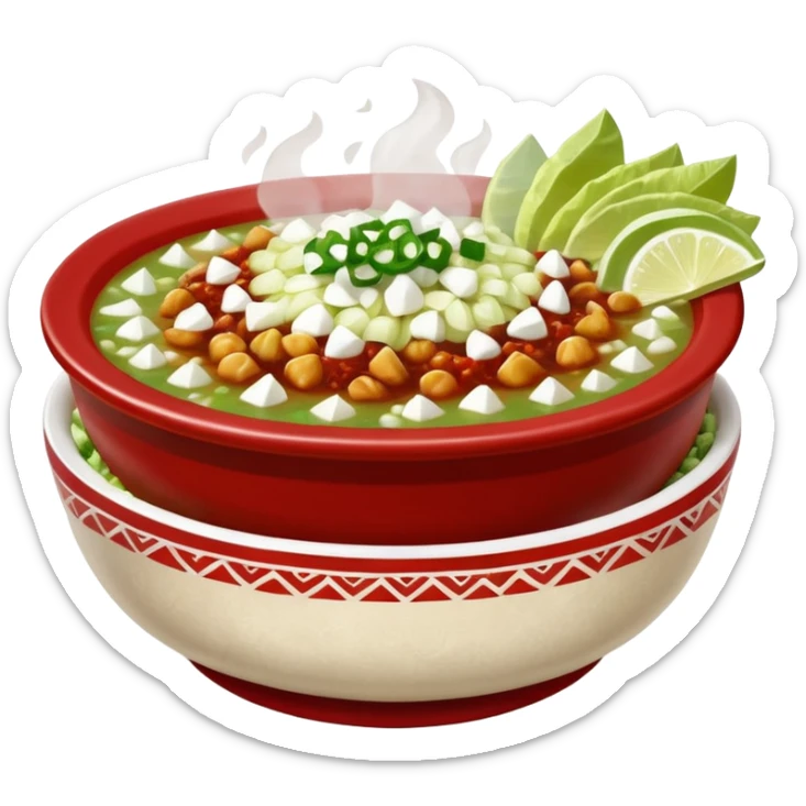 A delicious hot bowl of pozole rojo emoji. Steam rising. Hominy visible. Place the sides next to the bowl: chopped onions, shredded cabbage, lime wedges, red chile de arbol salsa, and full round tostadas with a light smear of sour cream sticker