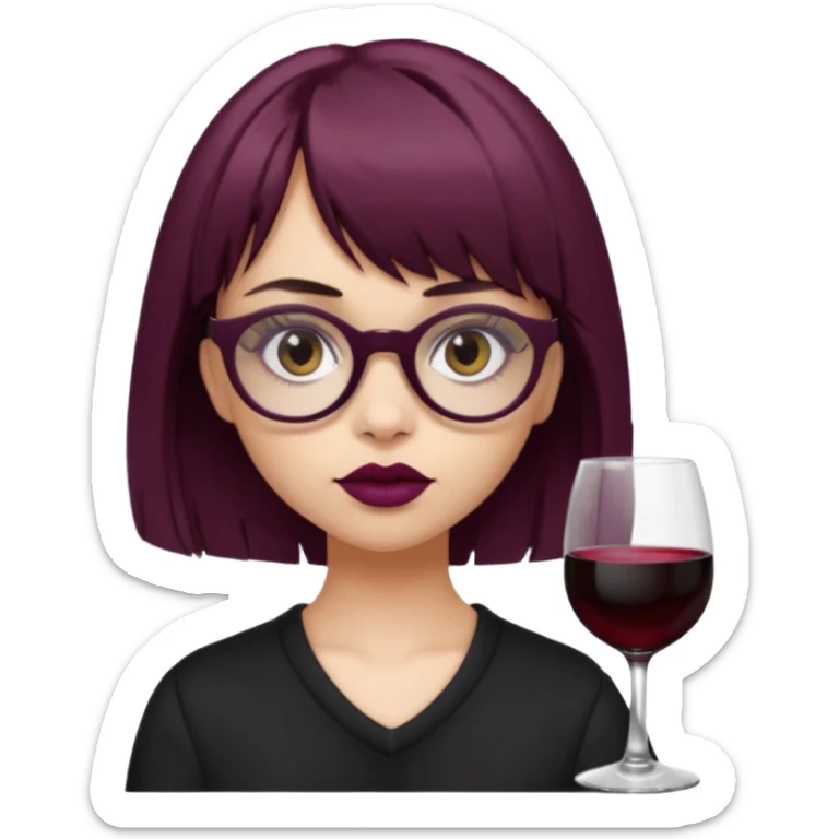 Emoji girl that has mid length brown shaggy cut hair with baby bangs, has hazel eyes and wears half transparent glasses, she is goth and wears wine colored lipstick sticker