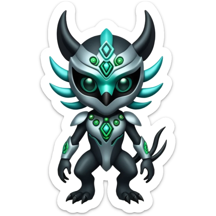 Silvery grey shiny alloy Cyber-Lombax-Fakémon-creature with dark black mask and shiny intricate green and turquoise circuitry markings (full body) sticker