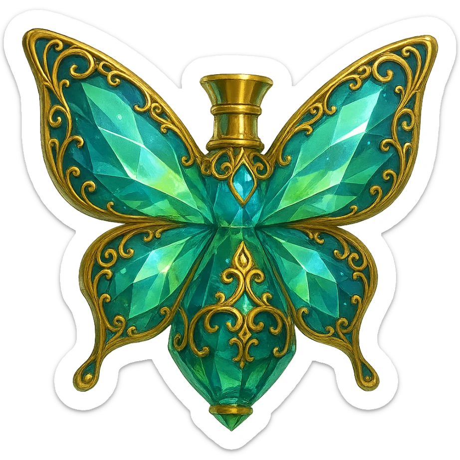 very close to original: crystal butterfly-shaped bottle with short gold neck (no crown), green and blue colors, more facets, glowing, ornaments, decorations, golden details, magical effects, premium class, transparent background, bottle clearly flying in the air, no base or shadow. sticker