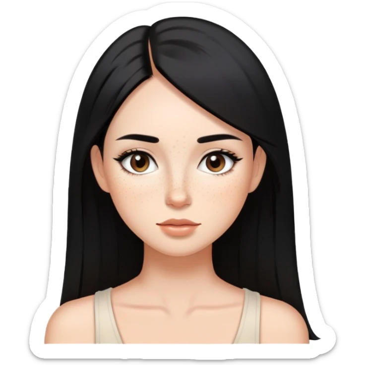 woman with silky straight black hair, subtle makeup, and cute freckles sticker