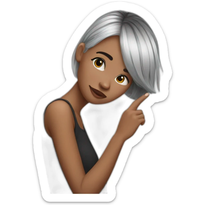 A girl with black and white hair puts her finger on her head sticker