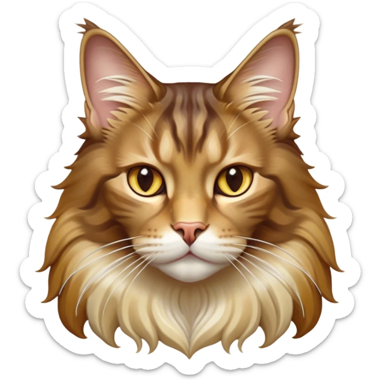 Cinematic Maine Coon Cat Portrait Emoji, Elegant and alert, sleek brown, gold, and cream tones, Simplified yet sharp features, highly detailed, glowing with a warm, confident glow, high shine, intelligent and poised, stylized with an air of grace, focused and attentive, soft glowing outline, capturing the essence of strength and grace, so lifelike it feels as though it could spring into motion with its majestic tail swishing at any moment! sticker