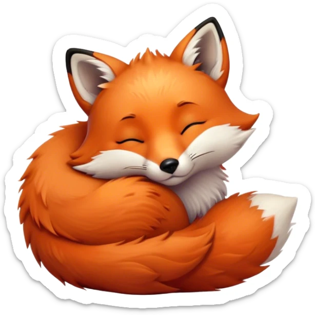 Cinematic cute sleepy fox, curled into a cozy fluffy ball, warm glowing fur, tiny black nose resting on its tail, soft breathing visible, peaceful and charming. sticker