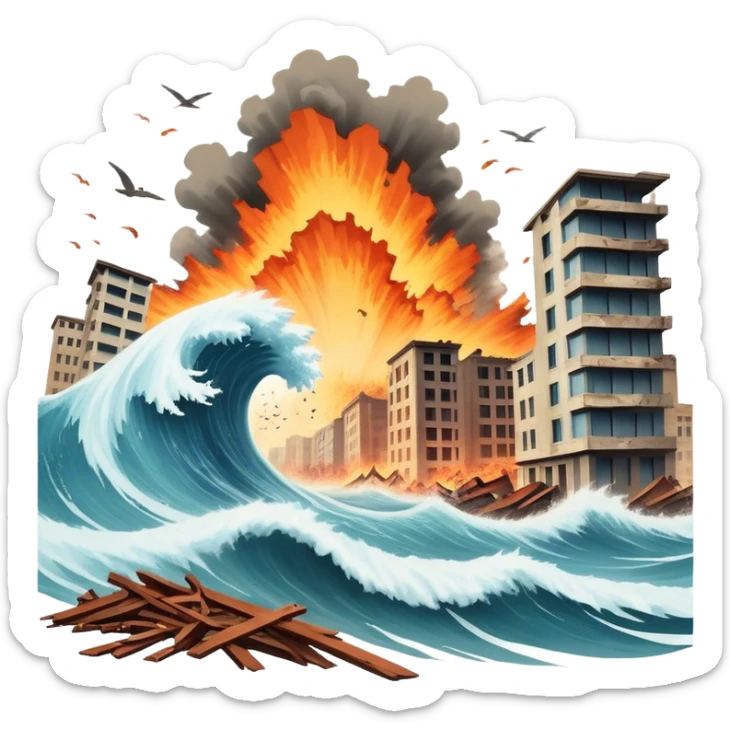 A vintage movie poster-style design with a dramatic scene of a natural disaster like an earthquake, tornado, or tsunami. Include crumbling buildings, flying debris, and fiery explosions. The background should be chaotic, with a cinematic, apocalyptic vibe. Transparent background. sticker