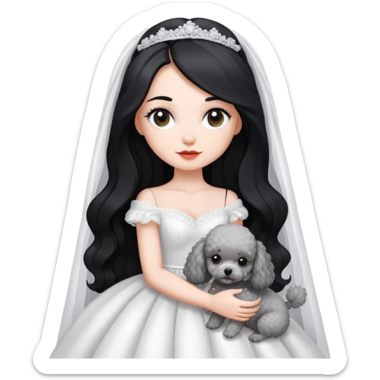 A beautiful girl with long black hair in a wedding dress holds a small gray poodle sticker