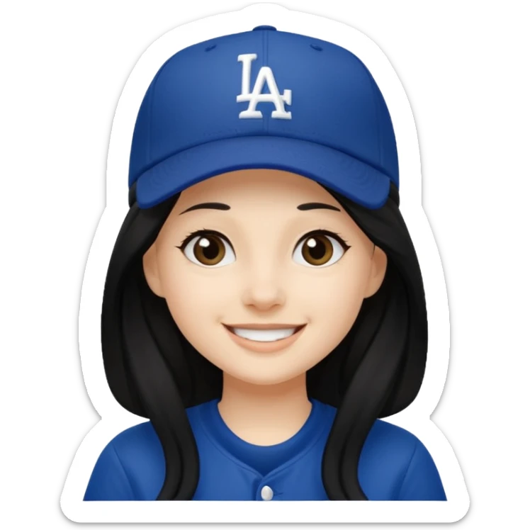 Can you make an emoji of a girl with fair skin with black long hair wearing an LA dodger hat. Only include her face no neck.  sticker