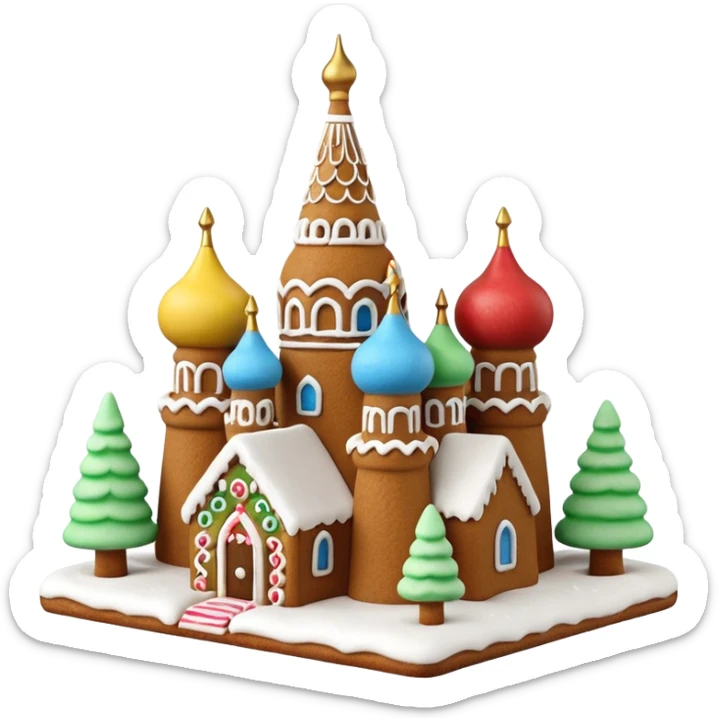 Apple style 3D emoji of a gingerbread house shaped like Saint
Basil's Cathedral. Detailed icing patterns, colorful candy domes, dusting of powdered sugar as snow. Warm cookie texture, cute 3D render, isolated on a white background, festive look. sticker