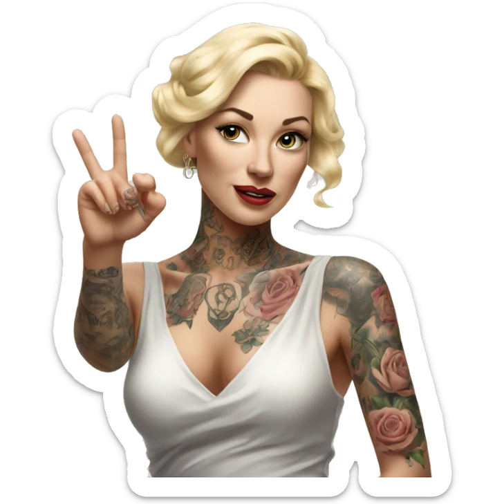 Blonde elegant women, her Body Covered with Tattoos, POINTING YOU with her HAND , Hyper realistic sticker