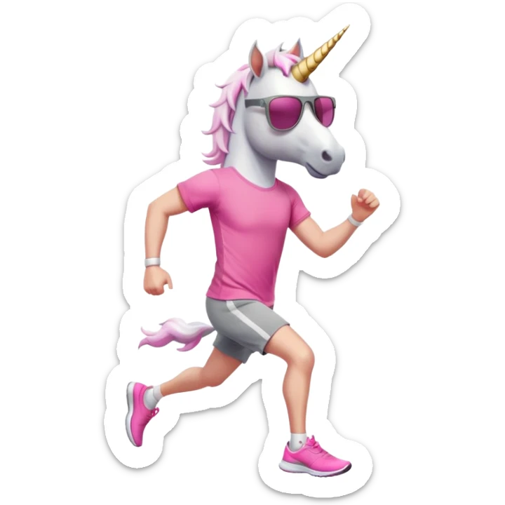 friendly anthropomorphised male white unicorn in grey shorts and pink t-shirt, wearing dark sunglasses, jogging upright in a standard pose sticker