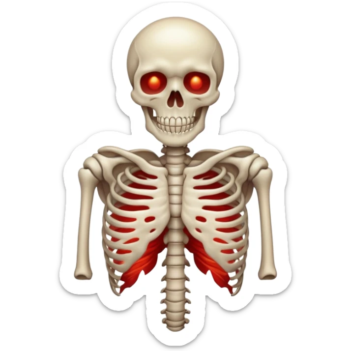 Minimalist emoji-style sticker of a ribcage x-ray with a curled-up demon inside, lines in faint white on black background, subtle red eye glow



 sticker