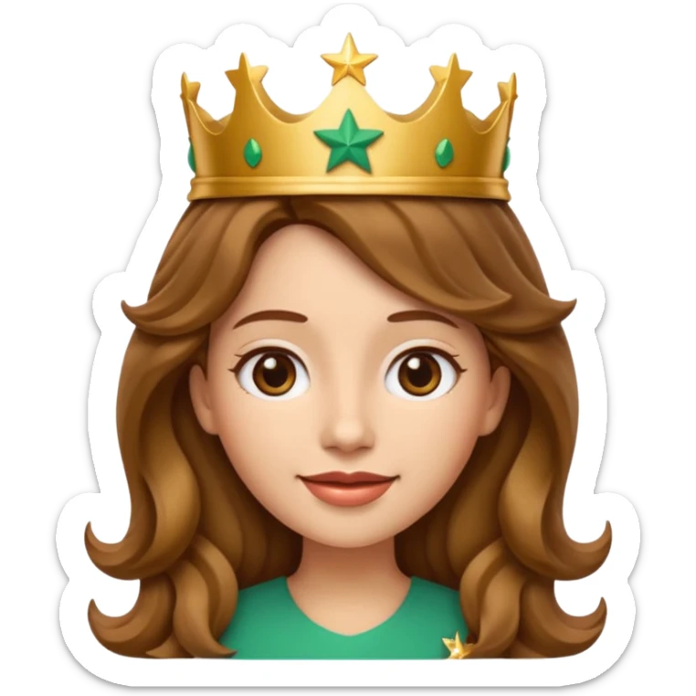 Apple style 3D emoji of a young woman inspired by the Starbucks logo. She has long wavy hair on both sides, a crown with a star on her head, and a soft smile. Smooth, shiny, simple emoji look. sticker