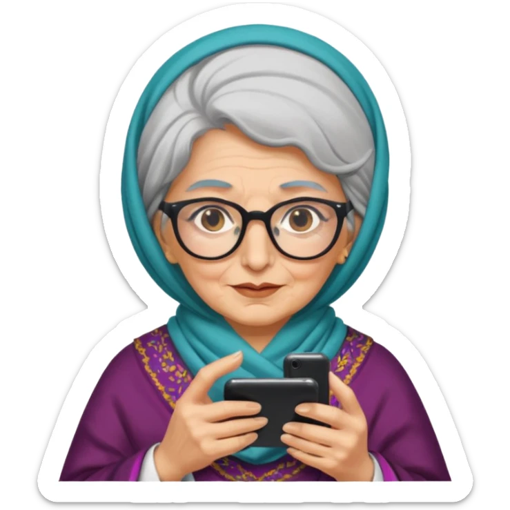 persian old woman Persian shawl with smartphone and glasses, half body sticker