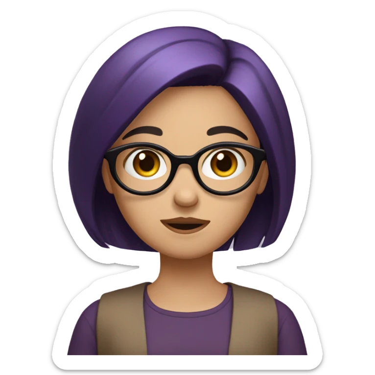 Girl shrugging emoji with purple-black hair, brown eyes, big circle frame black glasses, brown shirt  sticker