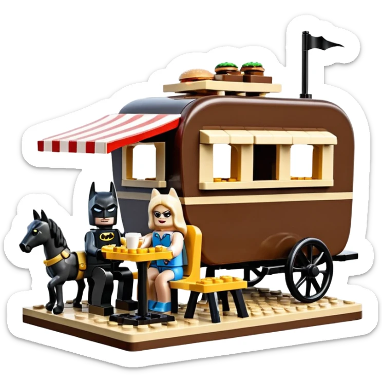  Ultra cute  Lego detailed 1854 Batman and pretty Catgirl dream horse drawn Caravan with picnic table and folding chairs alone at romantic afternoon (hot chocolate and cheeseburgers on the grill) sticker