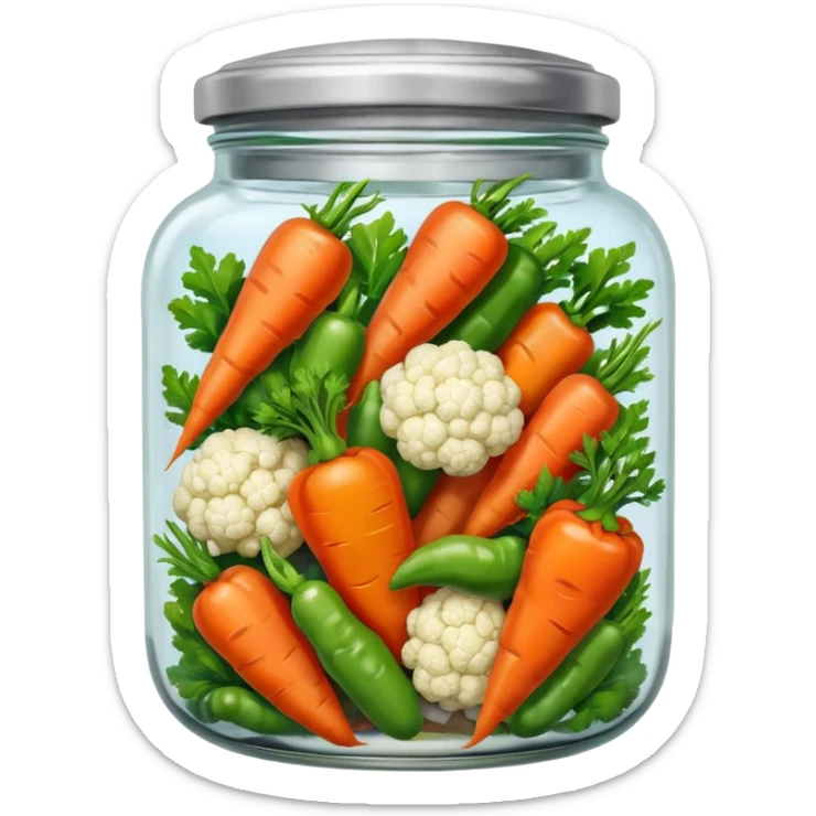 A mix jar of carrots, peppers, and cauliflower tightly sealed with a silver lid








 sticker