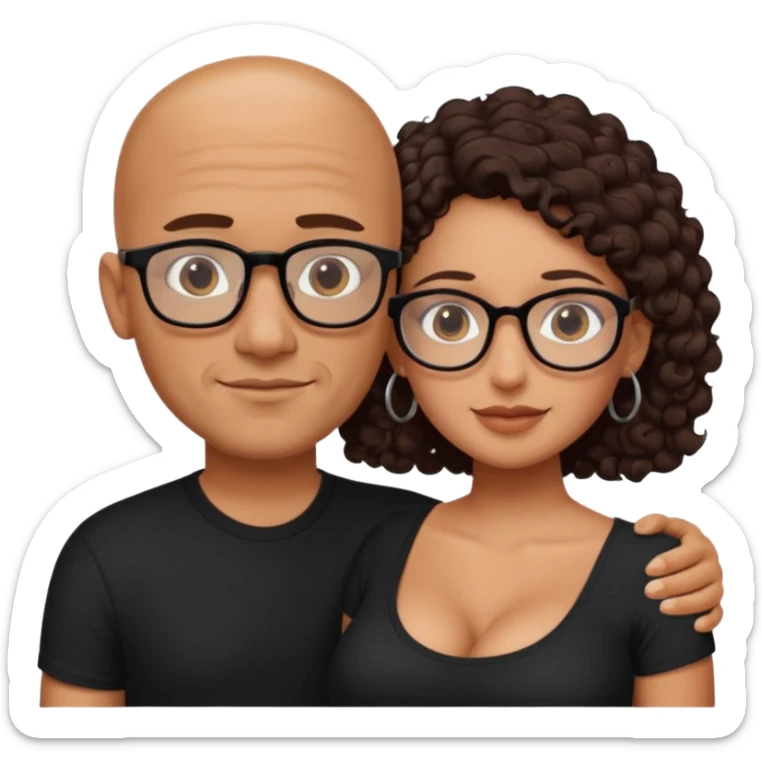 A picture of an embracing tanned couple. the man is a Mexican man with tanned skin, with a bald hair cut, short beard and wearing a black shirt. the woman is short with long curly dark brown hair and with big boobs. Put glasses on the woman only. The man doesn't have glasses. sticker