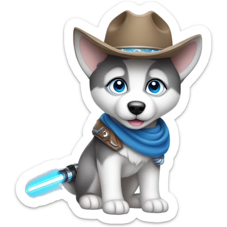 Gray Siberian Husky with blue eyes puppy wearing a cowboy hat dressed in Jedi clothing Holding a Lightsaber with the Paw sticker