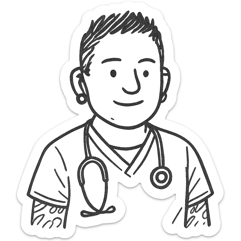 Dr. Efrén Rivera Santiago, a professional and warm doctor with neatly styled short spiked hair, wearing gray scrubs over a white undershirt. He has a calm, reassuring expression with small almond-shaped eyes and a round face. His visible arm tattoos and hook earrings add a touch of individuality. The image should reflect his kind and sharp demeanor. sticker