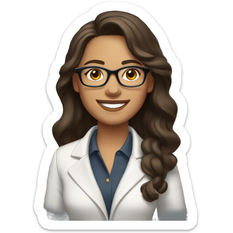 Create a woman emoji with long dark brown wavy hair, fine features, white skin, brown eyes, wears prescription glasses, with a smiling and happy expression. She is dressed in a fitted white jacket. sticker