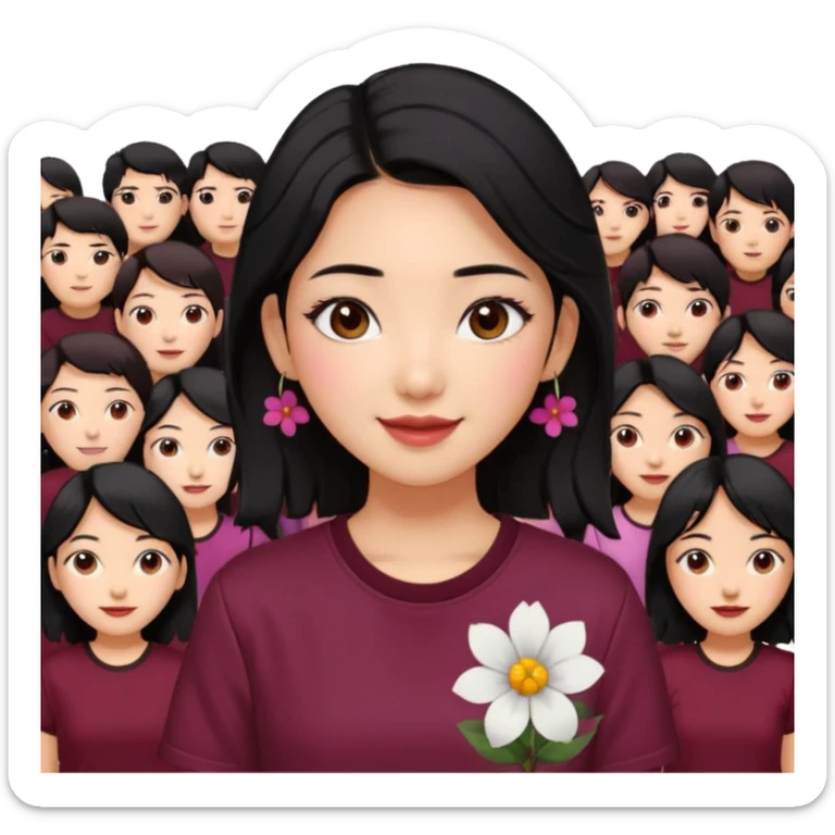A Korean woman with messy and stylish black hair, a flower in her ear and an iconic Y2K shirt maroon and brown hazel eyes, makeup sweetie,A Style Vibe in the Crowd sticker