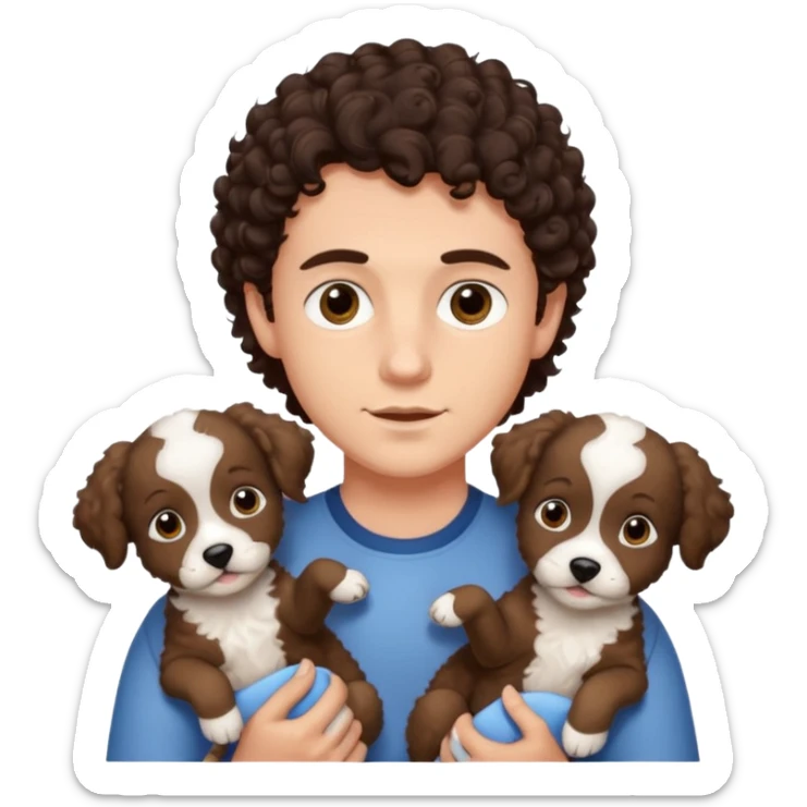 young man with dark brown curly hair, deep set eyes with two York puppies sticker