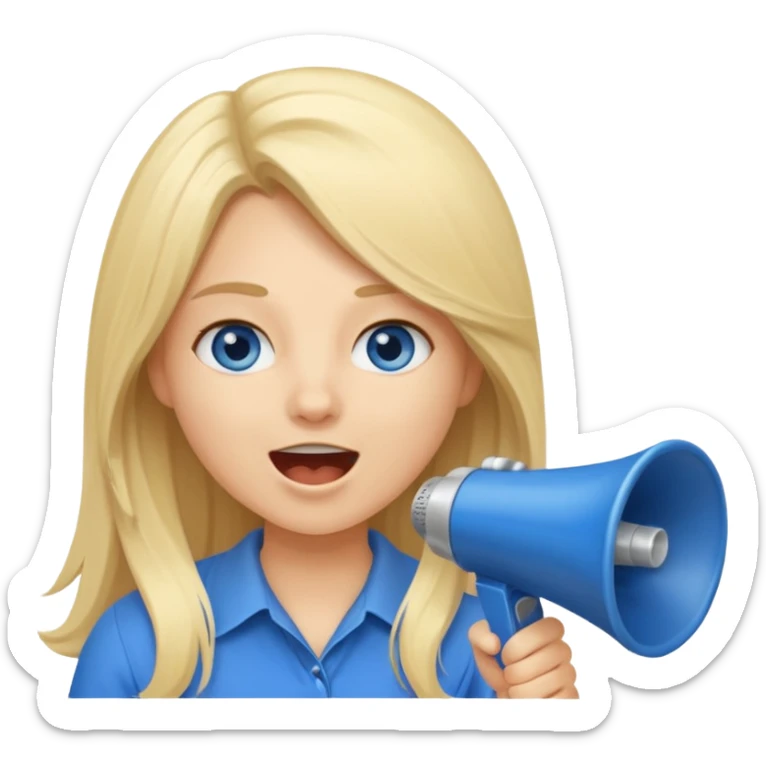 blue eyes blonde girl yelling into megaphone saying timeout long hair smiling sticker
