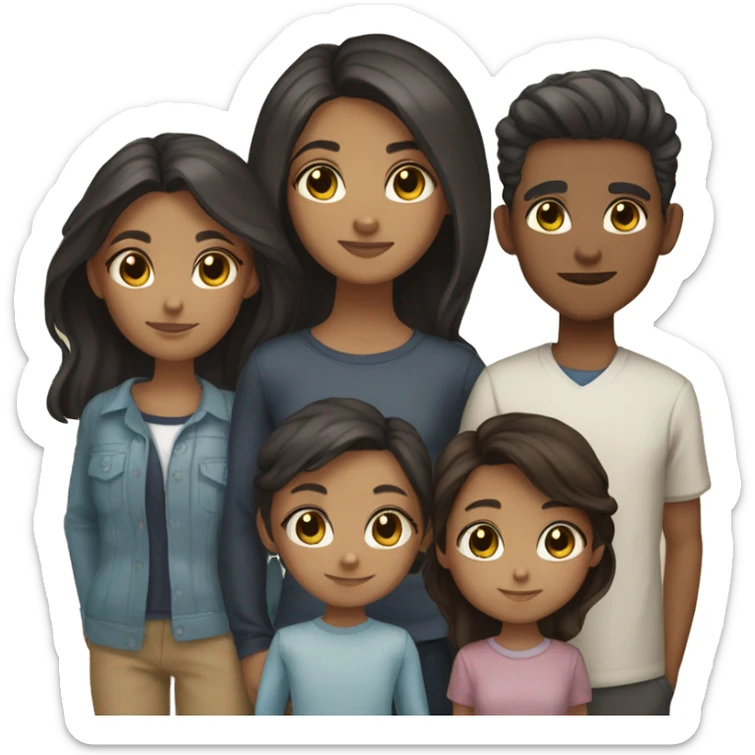 Family of 7, 4 girl dark hair dark eyes caramel skin, 1 girl dark hair dark eyes light skin, 1 boy dark hair dark eyes light skin, 1 girl dark brown hair light brown eyes white skin sticker
