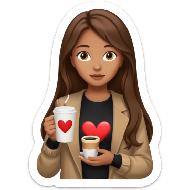 Un emoji de una chica con el pelo castaño y largo y suelto así como vestida como una that Girl y un café con dibujo de corazón y una cama aesthetic modo vida perfecta sticker