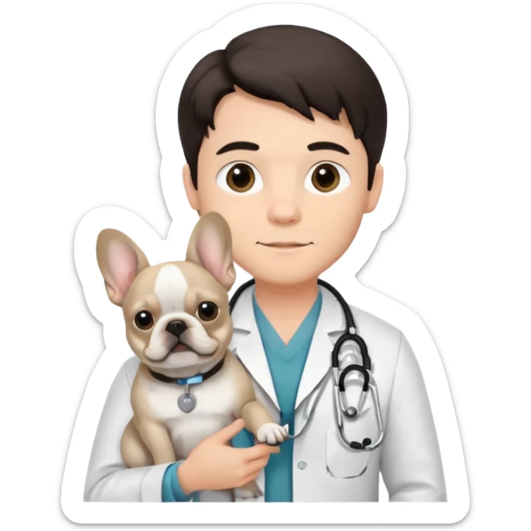 joven médico con el pelo un poco largo pero no tanto y lacio, que tenga un estetoscopio de color de tez negra que sostiene un bulldog francés blanco sticker