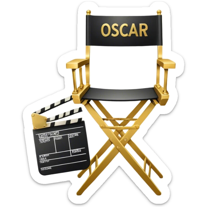 Icon for Directing: professional collage with director's chair, a film slate, a megaphone and an Oscar statuette. The icon should represent the creative and leadership aspects of directing, with focus on film and theater production. Transparent background. sticker