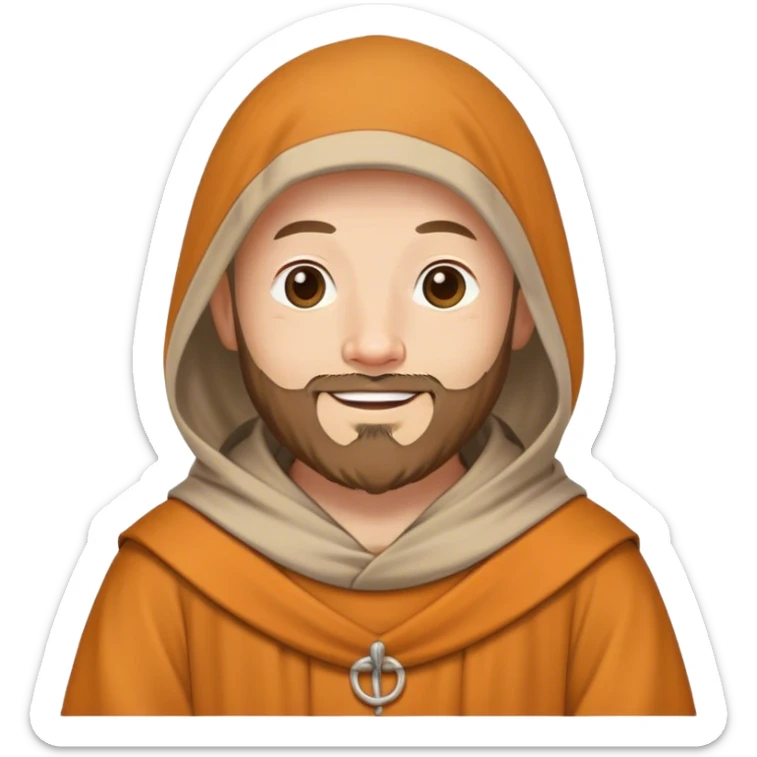 a happy monk with a 3 day beard and short hair, wearing a hooded tunic sticker