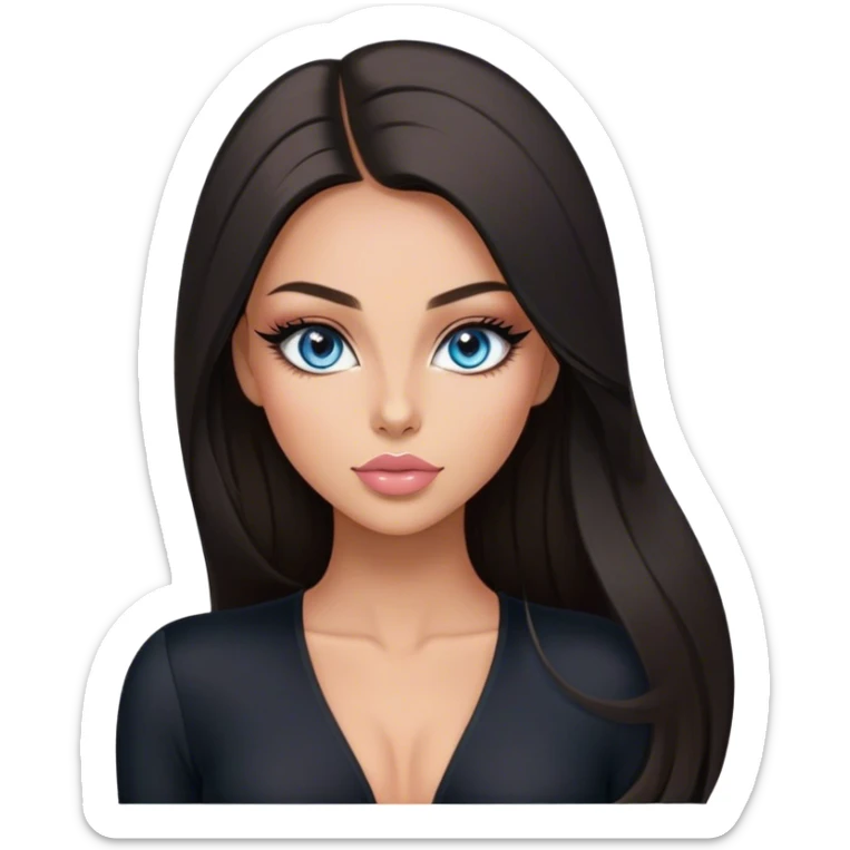 Glamours make-up, tanned, beautiful, girl, with blue eyes, big pump peach-beige-rose lips, eyeliner, long lashes, black straight smooth silky long hair, parting hair in the middle,  in black v-neck bodysuit long sleeves sticker