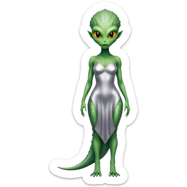 Green Alien reptilian woman in silver dress, full figure, yellow eyes sticker