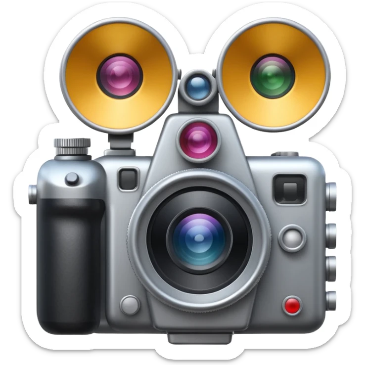 Minimal emoji icon of a huge cinematic metalic camera, front view, realistic lens, no gold sticker