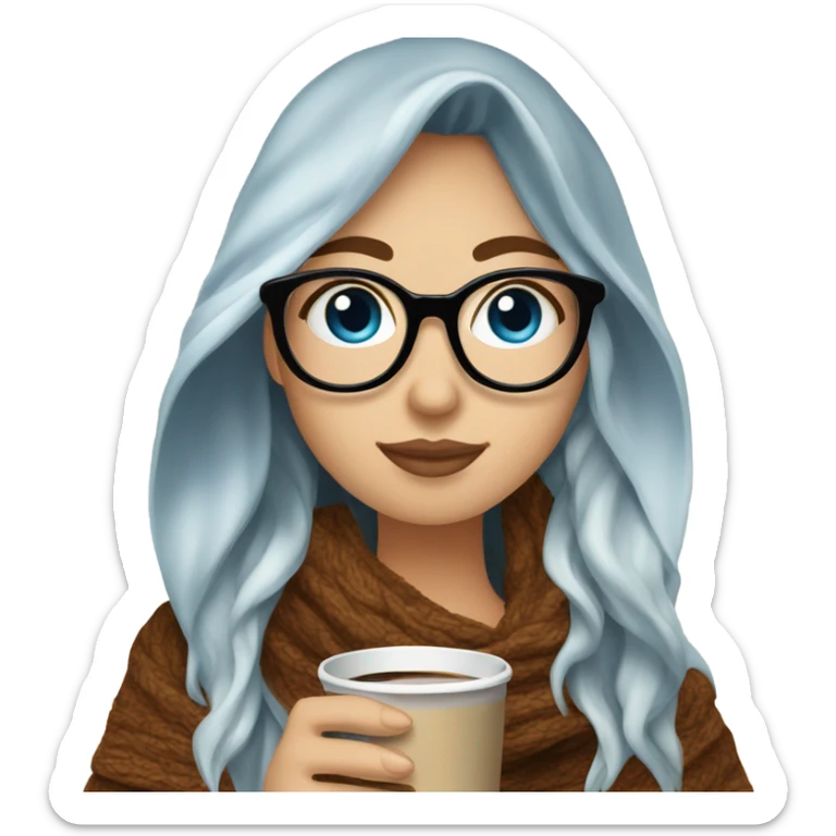 Balayage hair Girl drinking coffee, with a cozy blanket wearing glasses with blue eyes  sticker