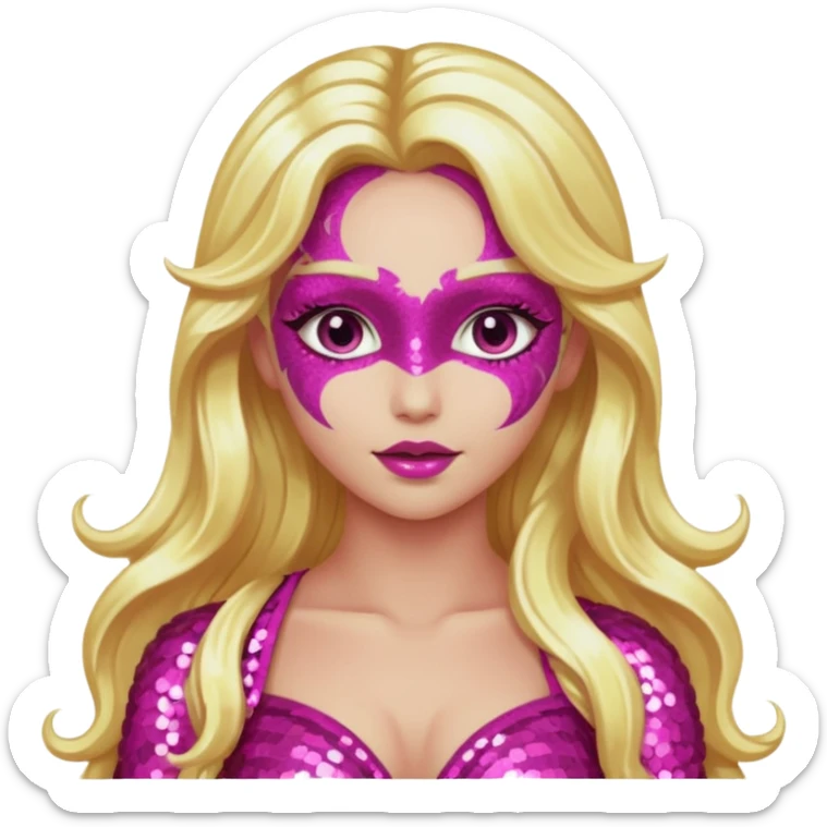 Venus, Love Goddess with metallic pink skin, long blonde hair, dark pink sequin outfit sticker