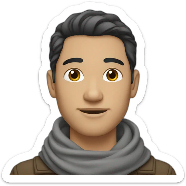 man with light skin tone and long straight dark hair down to his chin with a wavy hairstyle and a thin nose wearing a long gray scarf sticker